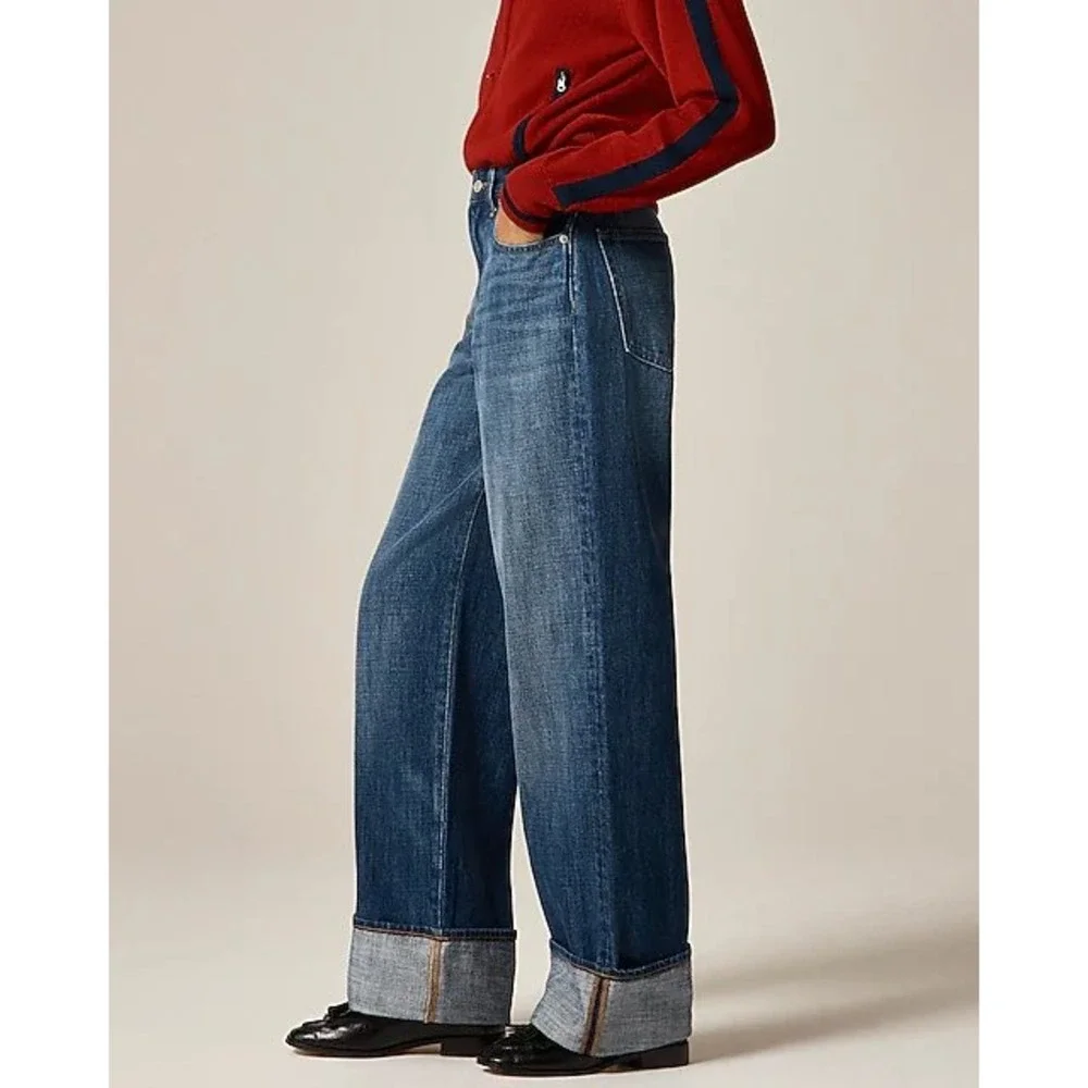 J.Crew Rigid Low Rise Wide Leg‎ Jeans Blue Denim Size 28 Cuff Pockets